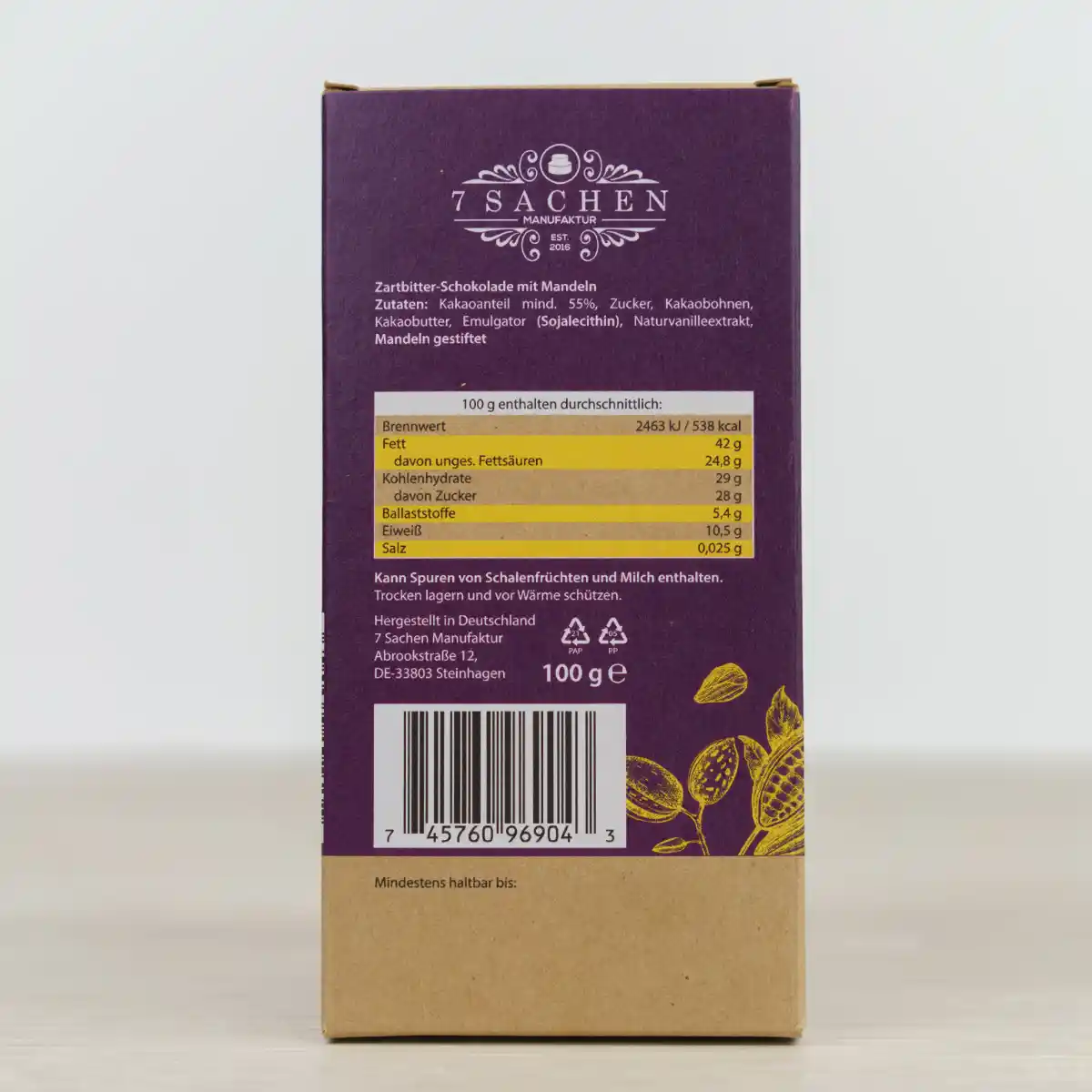 Handgegossene Zartbitterschokolade 55 % mit Mandeln – edel & knackig aus Steinhagen. Rückseite