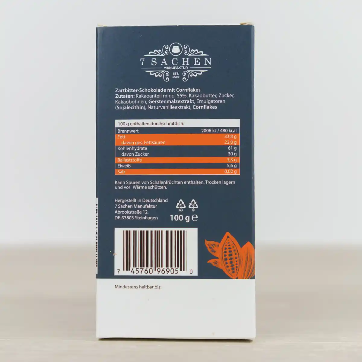 Handgegossene Zartbitterschokolade 55 % mit Cornflakes – knusprig & zartbitter aus Steinhagen. Rückseite