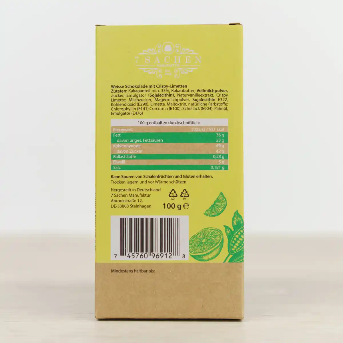 Handgegossene weiße Schokolade mit Knusper-Limette & Knallbrause – spritzig & überraschend aus Steinhagen. Rueckseite