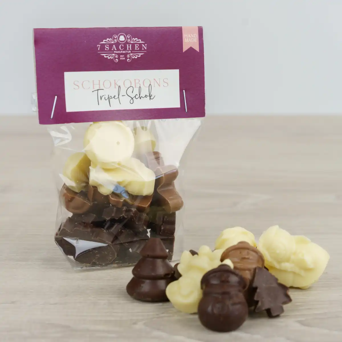 Handgemachte Schokoboms Tripel-Schock in Zartbitter, Vollmilch und weißer Schokolade aus der 7 Sachen Manufaktur